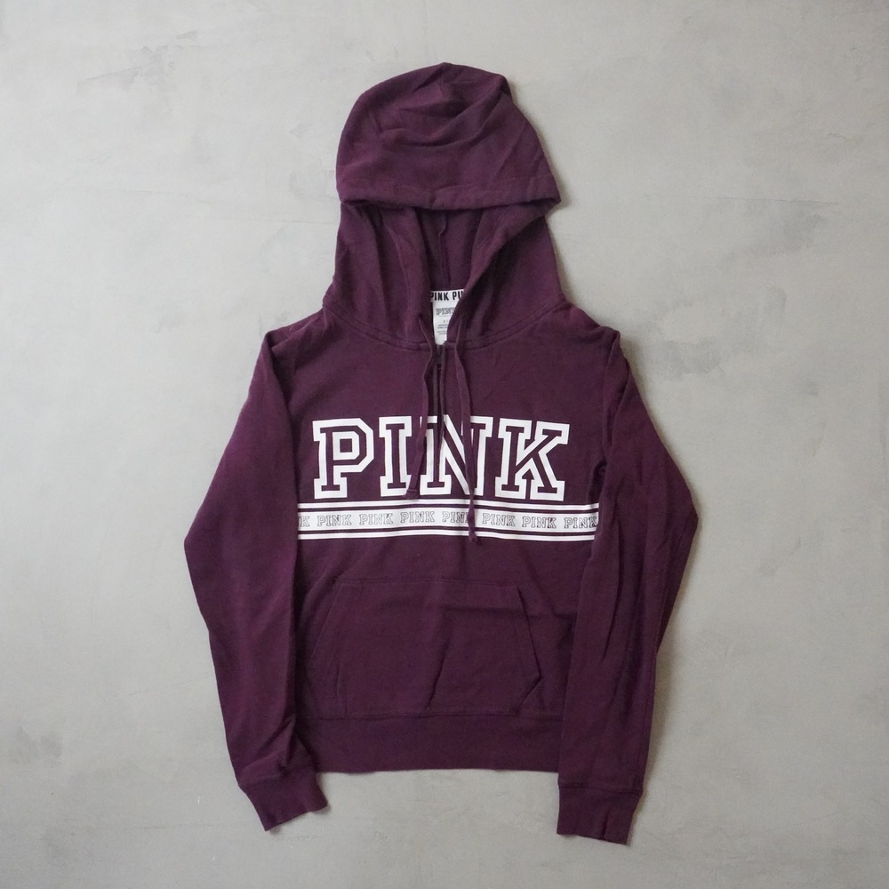 Victorias Secret PINK Hoodie Small Womens Maroon Logo Fleece 1/4Zip Pullover Y2K
